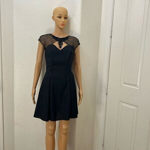 L A Glo Dress Sz 3/4 Sheer Beaded Sequined Embroidered Fit & Flare Black Mini